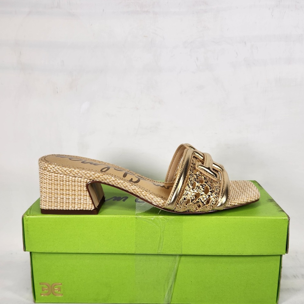 Sam Edelman Waylon Weave Mules Women Size 6.5 Gold Metallic Block Heel Sandals